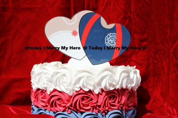 Hochzeit - Fireman firefighter Hero Wedding Cake Topper Hearts Fire Department  Original Creation