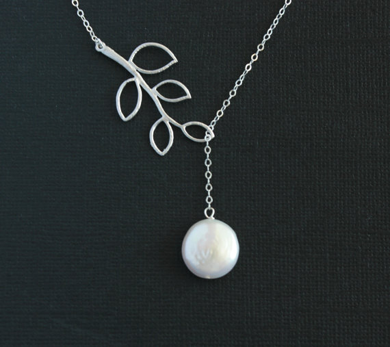 زفاف - Lariat pearl necklace, branch leaf necklace, Sterling Silver chain - wedding bridal jewelry, bridesmaid birthday Mothers day gift