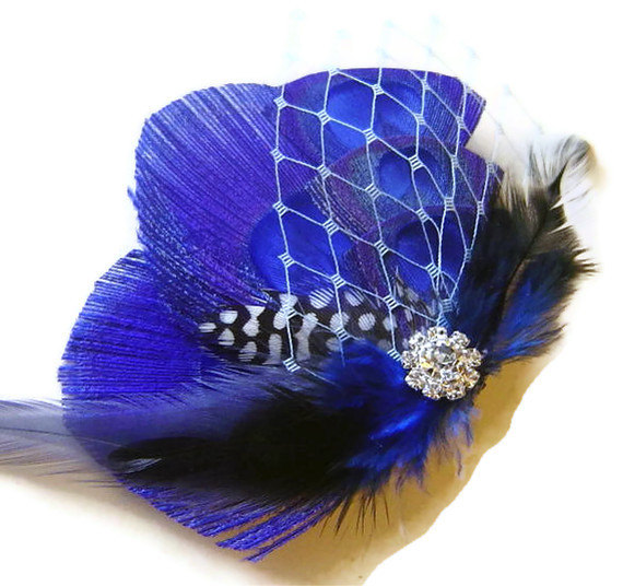 Wedding - Royal Blue Peacock Feather Clip w/ Baby Blue Netting Rhinestone Elegant Bridal  Wedding Fascinator Clip
