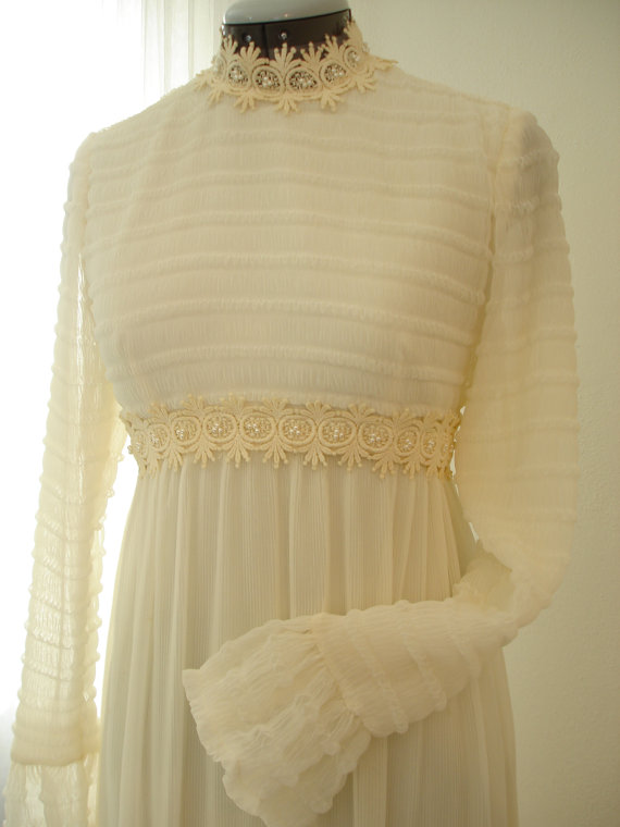 Hochzeit - 1960 Bianchi Cream Empire Waist Plisse Chiffon Wedding Dress