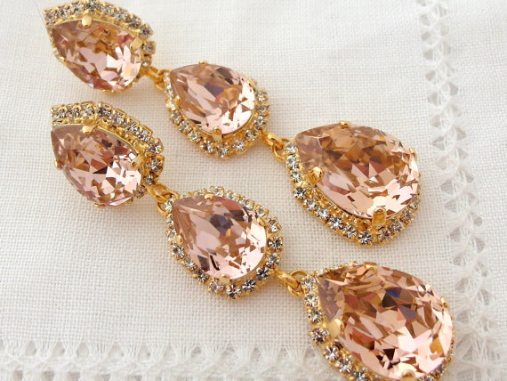Hochzeit - Blush Pink LONG Chandelier earrings, Drop earrings, Dangle earring Silver or Gold Swarovski Estate style Bridal earrings, Bridesmaid gift