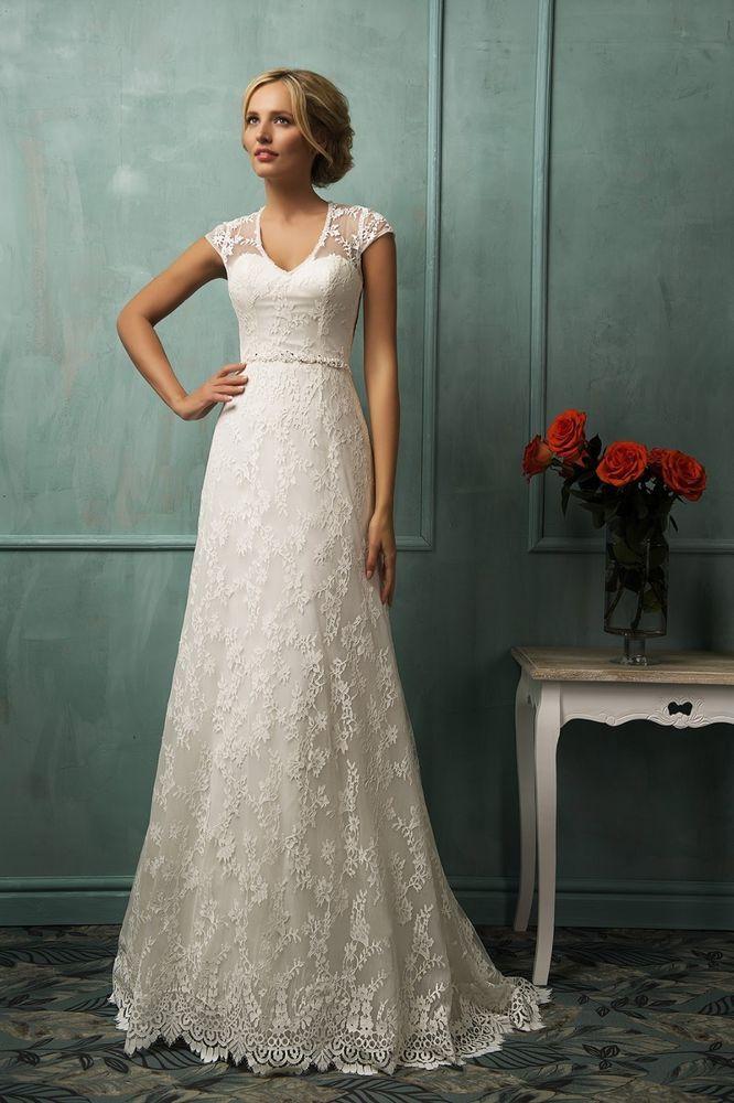 زفاف - Sheer Back Lace Wedding Dresses With Sleeves 2015 New White Ivory Bridal Gowns