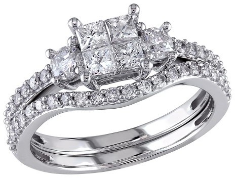 زفاف - 1 CT. T.W. Princess and Round Diamond Bridal Set in 14K White Gold (GH) (I2:I3)