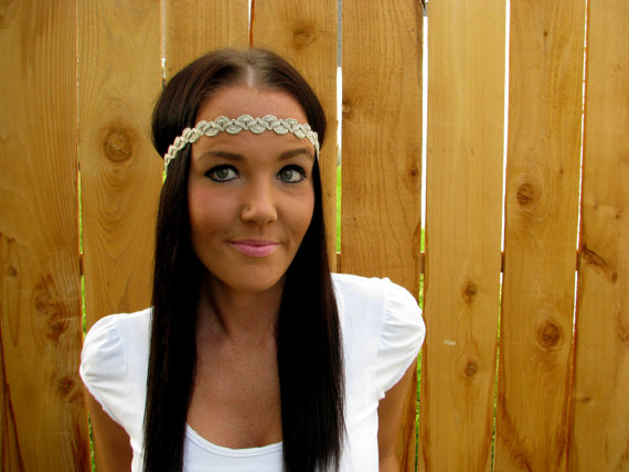 Hochzeit - Bohemian Indie Hippie Chic Linen Twisted Cord Headband Hair Band Wrap Girl Woman Wedding Accessories w/ Black Stretch Ribbon
