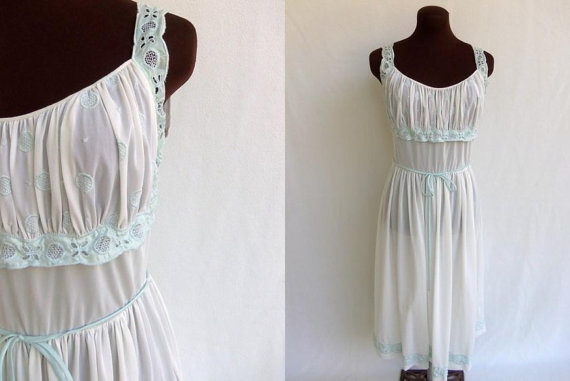 Hochzeit - Vintage 60s Nightgown Robe Peignoir White Nylon with Blue Embroidery Circles and Satin Trim  Size M Lingerie