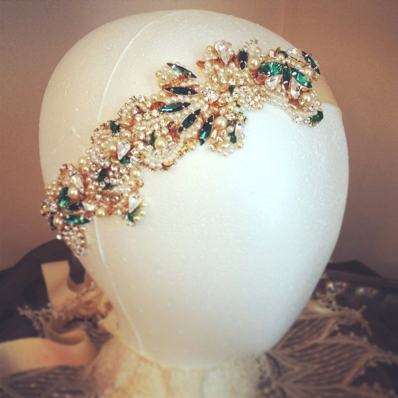 زفاف - RESERVED- Emerald Green Bridal Headband- Vintage Wedding- Swarovski Crystal Bridal Bandeau- One-of-a-Kind Hand-Beaded -Vintage Glamour