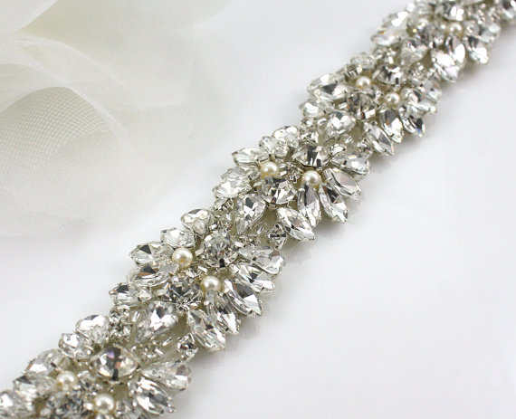Свадьба - London - Swarovski Pearls And Rhinestones Encrusted Bridal Sash, Wedding Beaded Belt, Vintage Inspired Crystal Belt
