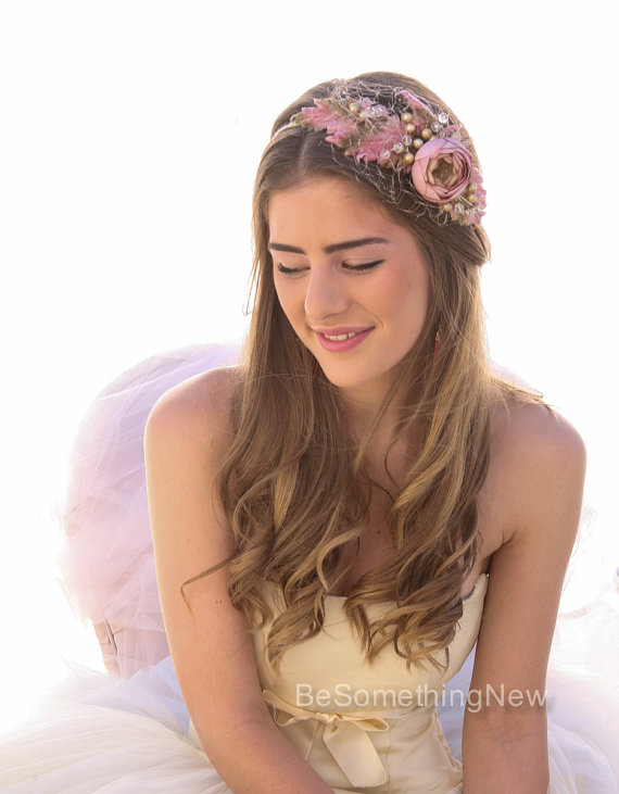 Wedding - Vintage Rose Flower Wedding Headband with Birdcage Veil Bohemian Hair Accessory Blush Pink Velvet Leaves and Flower Headband with Beading