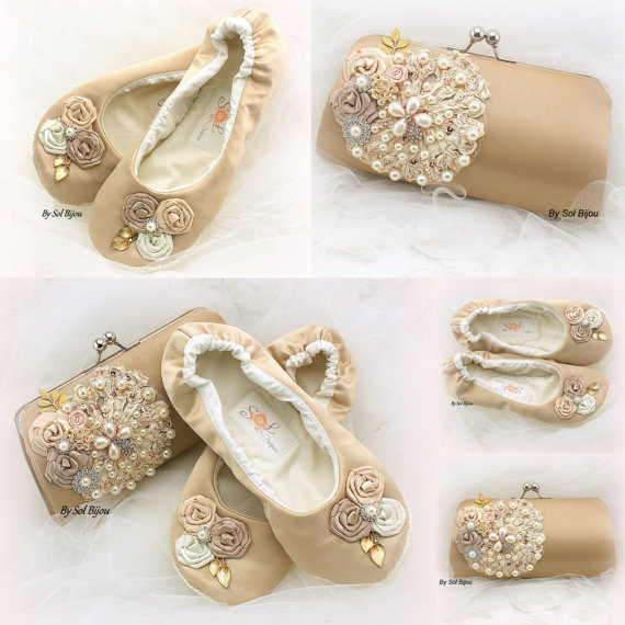 Mariage - Bridal Clutch and Ballet Flats, Handbag, Bridal Flats in Ivory, Tan, Beige and Champagne with Satin, Crystals and Pearls- Vintage Wedding