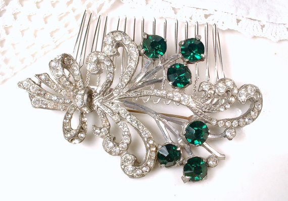 Wedding - Brooch OR Hair Comb, 1920s Art Deco Emerald Hair Comb, Large Pave Rhinestone Antique Sash Pin or OOAK Hairpiece, Gatsby Wedding Accessory