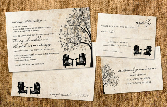 Hochzeit - Cottage Country Rustic Wedding Outdoors Invitation Set // Adirondack Chairs //Tree Silhouette