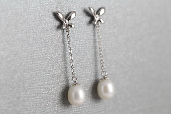 Hochzeit - Drop Pearl Earrings, Pearl Dangle Earrings, Bridesmaids Pearl Wedding Jewelry 925 Sterling Silver