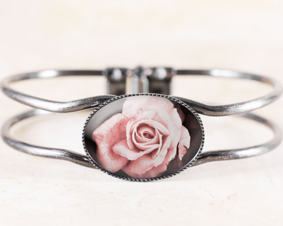 Wedding - Pink Rose Bracelet - Victorian Bridal Jewelry, Cottage Chic Bracelet, Victorian Flower Bracelet Bangle