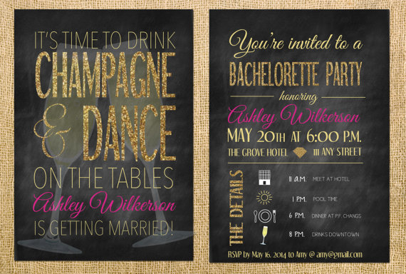 Свадьба - Bachelorette Party Invitation- Drink Champagne and Dance on the Tables-Printable File- Chalkboard Invite