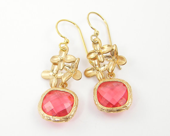 Wedding - Coral Gold Earrings - Faceted Coral Stone with Gold Flower Drop Dangle Dainty Bridal Jewelry