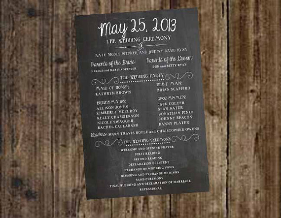 Hochzeit - Wedding Program Party and Ceremony Chalkboard Printable - DIY, weddings, home decor, engagement, party, save the date, anniversary