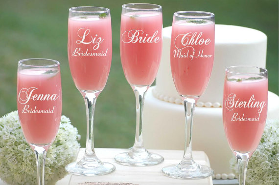 Hochzeit - 6 Personalized Champagne Glasses, Custom Engraved Toasting Glasses, Bridesmaids Wedding Gift, Bridesmaid Champagne Flutes, Personalized Gift