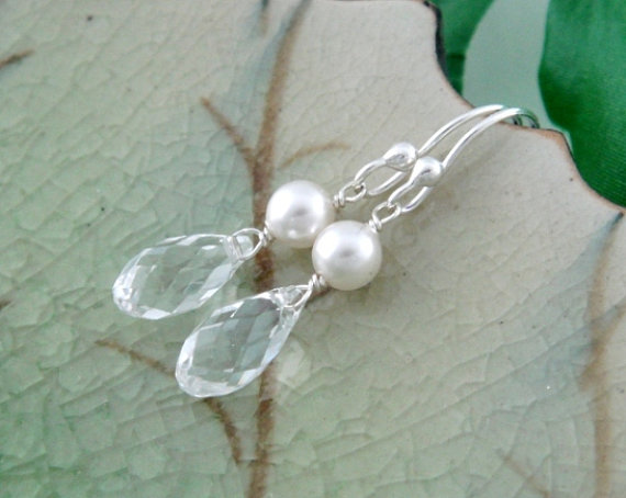 Wedding - Crystal and Pearl Earring, Wire wrapped Pearl Crystal Teardrop Earrings, STERLING Silver -Madelyn- Bridesmaids gifts, Wedding Bridal jewelry
