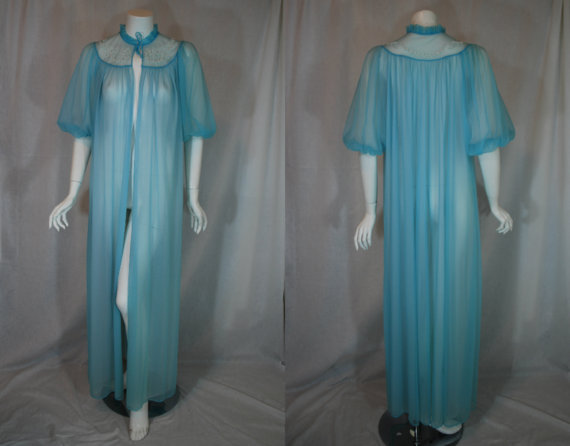 Свадьба - 1950s Carters Blue Peignoir Robe, Beaded Double Nylon Chiffon Sheer, Medium, Large