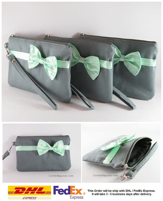 Wedding - Bridesmaid Gift / Bridesmaid Clutch / Wedding Clutch - Set of 7 Gray with Little Mint Bow Clutches