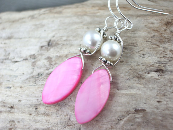 Wedding - cute dainty pink and white pearl bridal jewelry  drop dangle earrings bridesmaid