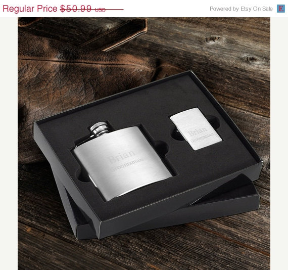 Hochzeit - Brushed Flask and Zippo Lighter Gift Set - Groomsmen Gift (410)