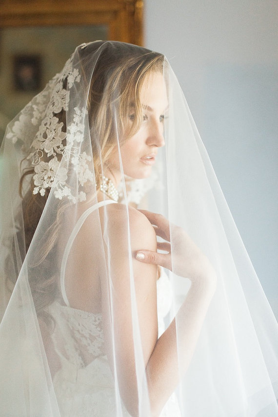 Wedding - Poppy Veil - Drop Veil - Ivory Lace Appliques Veil - Chapel Veil - Bridal Veil- Folded Mantilla Veil