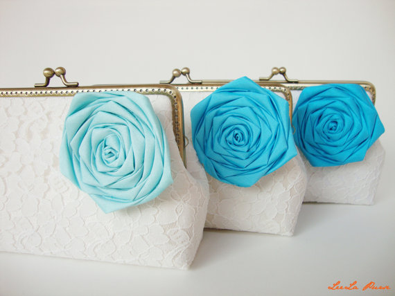 Hochzeit - Blue Bridesmaids gifts / Set of 3 Turquoise Wedding Clutches or You Choose Lining, Flower, and Personalization