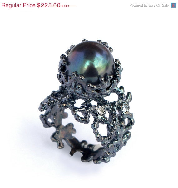 Wedding - Mothers Day 20% Off - CORAL Black Pearl Ring, Black Ring, Silver Statement Ring, Silver Pearl Ring, Black Engagement Ring, Black Silver Ring