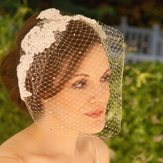 Hochzeit - Vintage Blusher Veil or Birdcage veil with alencon lace and pearl accents, wedding veil, champagne birdcage veil - Bristol