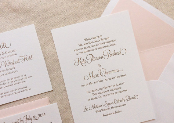 Wedding - The Hydrangea Suite - Classic Letterpress Wedding Invitation Suite Gold with Blush Liner, Pink, Blush, Gold, Formal, Simple, Traditional