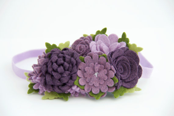 Wedding - Felt Flower Garland Headband In Heathered Purples and Orchid