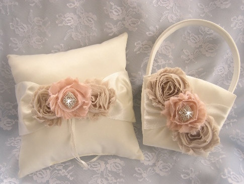 Hochzeit - Champagne and Rose Basket Set , Ring Bearer Pillow Flower Girl Basket Vintage CUSTOM COLORS  too Wedding Pillow