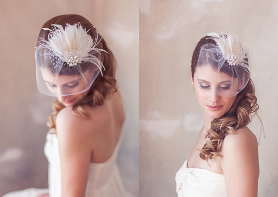 Hochzeit - Ivory Champagne Bridal Head Piece Feather Fascinator Vintage Inspired Pearl Rhinestone Wedding Hair Piece - Made to Order - ISABEL