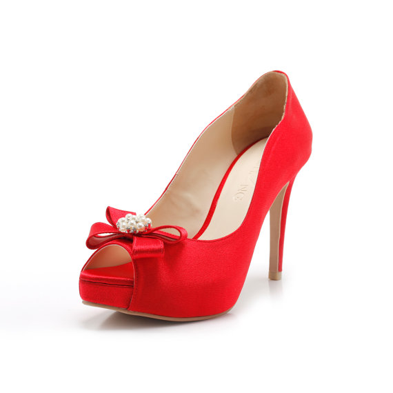 زفاف - Precious Pearl, Red Pearl Adorned Wedding Shoes, Red  Bridal Heels Red Pearl Ribbon Wedding Shoes, Ivory Bridal Heel