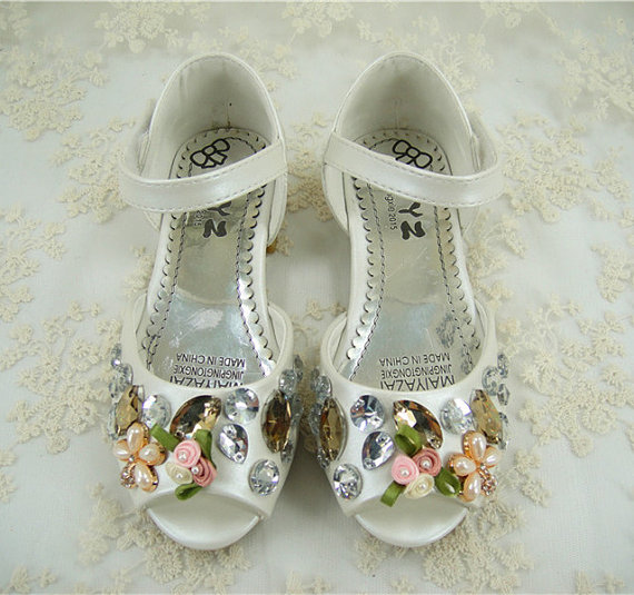 Flower Girl Shoes, Pearl Wedding Shoes, Crystal Girl Shoes, Peep Toe