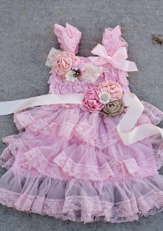 Wedding - pink tan peach dress sash headband SET,lace girl Dress,baby dress,Flower girl dress,First 1st Birthday Dress, girls photo outfit