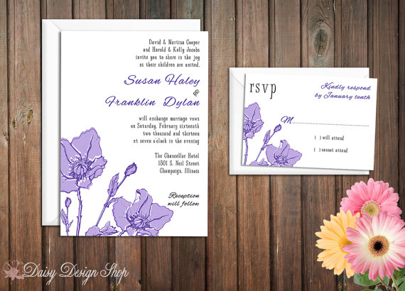 Mariage - Wedding Invitation - Flower Sketch - Vintage Botanical - Customizable Colors - Invitation and RSVP Card with Envelopes
