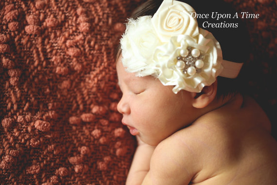 Hochzeit - Ivory Shabby & Satin Flower and Pearl Rhinestone Hair Bow - Little Girl's Christening Headband - Newborn Baby Baptism Hairbow