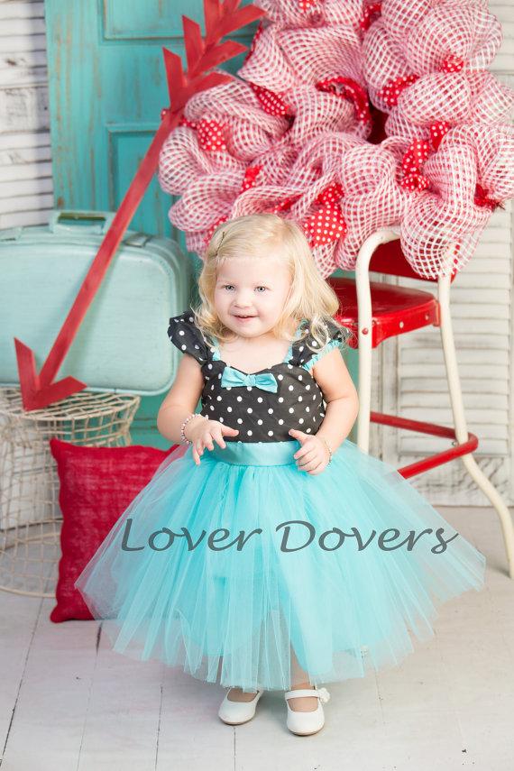 زفاف - Flower Girl dress in aqua blue Retro Polka Dot  dress  tutu dress ROCKABILLY I Love Lucy girls toddler  fifties style aqua dress 50s