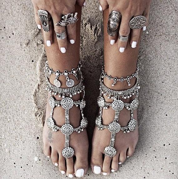 Hochzeit - Ladies Boho Goddess Barefoot Sandals. Sold as pair. Tribal footwear. Style Silver 'B1402'