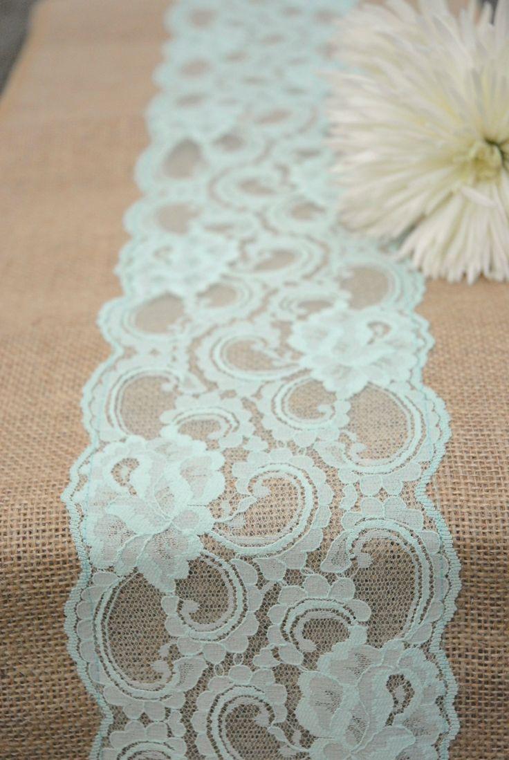 Wedding - Vintage Mint, Peppermint, Pastel Spring Wedding Burlap Lace Burlap Runner 12"x108". Country, Shabby Chic, Vintage, Or Rustic Wedding