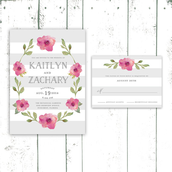 Mariage - Watercolor Wedding Invitation, Pink Flower Wreath with Watercolor Effect, Modern Grey Striped Invitations