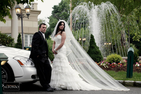 Wedding - 2-tier Cathedral cascade veil with ribbon, bridal veil, Available 90" thru 120" lengths and Royal 140" thru 160" lengths