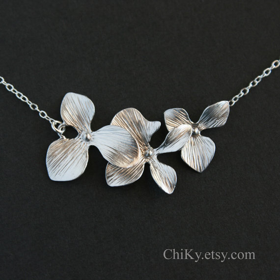 زفاف - Triple orchid necklace - STERLING SILVER,  wedding bridal jewelry, brides bridesmaid gift, flower girl necklace