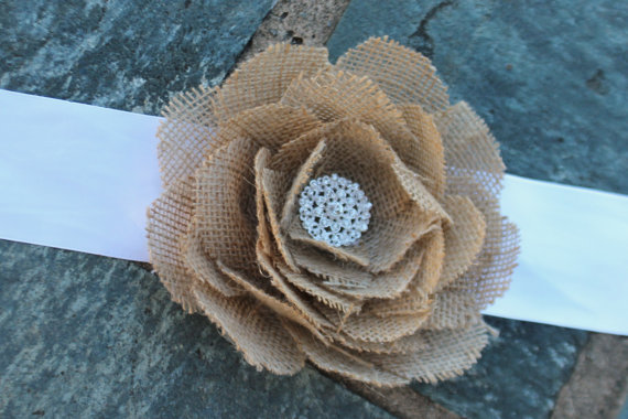 Hochzeit - Burlap rose wedding rustic bridal sash ribbon belt.