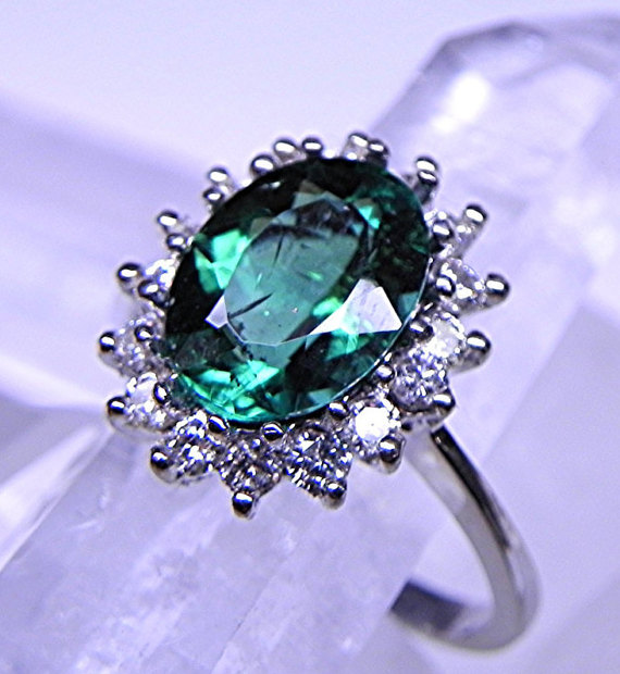 Hochzeit - AAA 10x8mm 2.58 Carat Natural Untreated Blue green Teal Tourmaline 14K or 18K white gold engagement ring set with .60cts of diamonds  1945