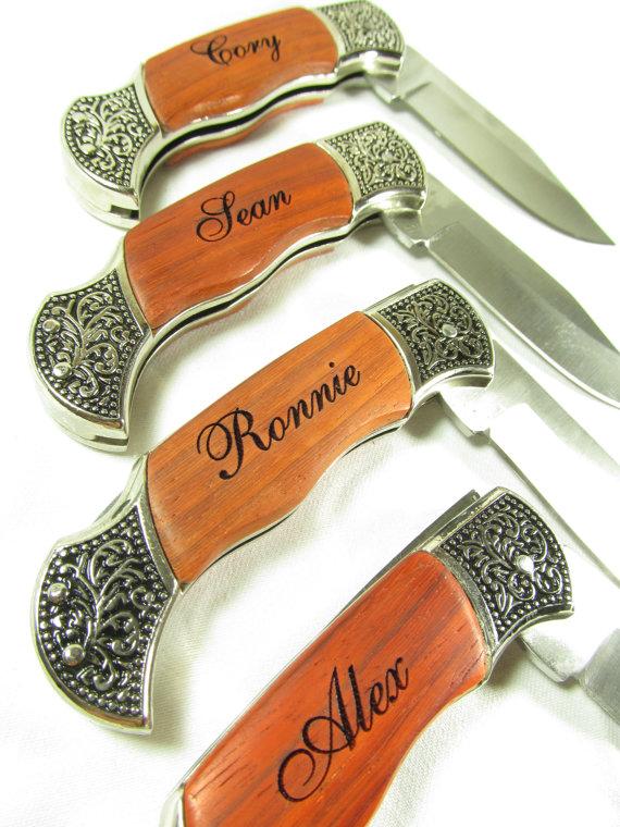 Hochzeit - Set of 9 Personalized Engraved Rosewood Handle Pocket Hunting Knife Knives Groomsman Best Man Ring Bearer Gift