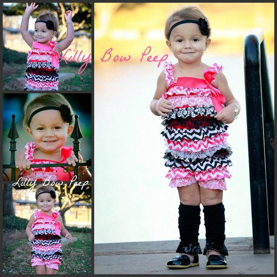 Wedding - Baby Girl Clothes-Hot Pink Chevron Damask Lace Petti Romper & Flower Headband SET-Newborn Girl Clothes-Preemie-Newborn-Flower Girl Dress