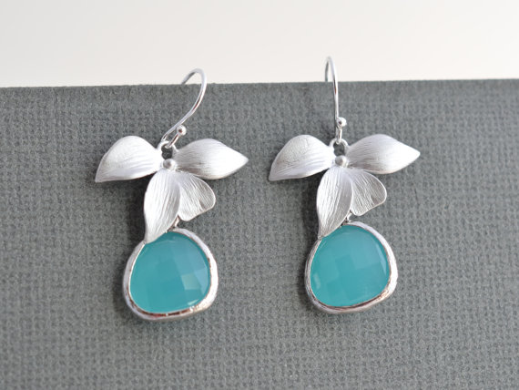 زفاف - SALE, Aqua blue orchid earrings, Flower earrings, Silver earrings,Wedding earrings,Bridal jewelry,Clip earrings,Bead earrings,Christmas gift